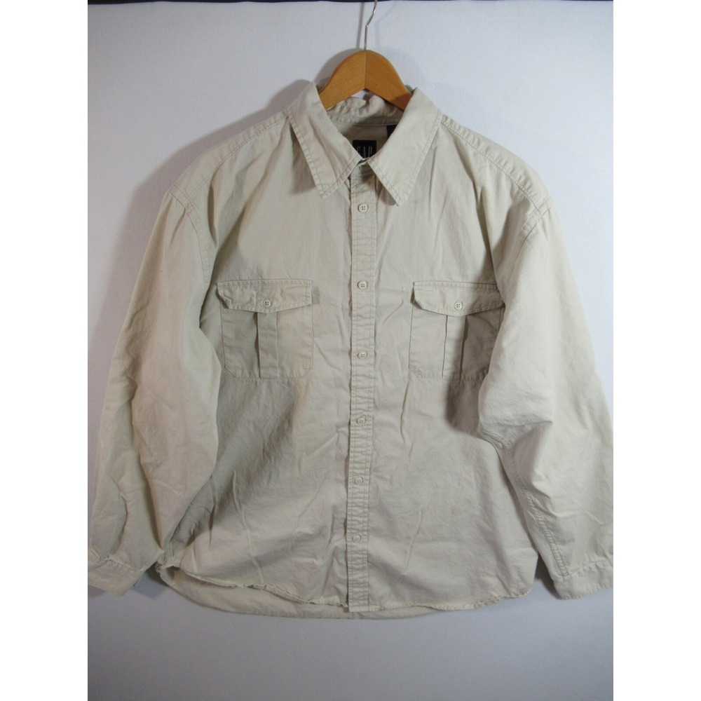 Vintage Y2K Gap Button Up Shirt Men XL Beige Khaki Roll Tab Sleeve Safari